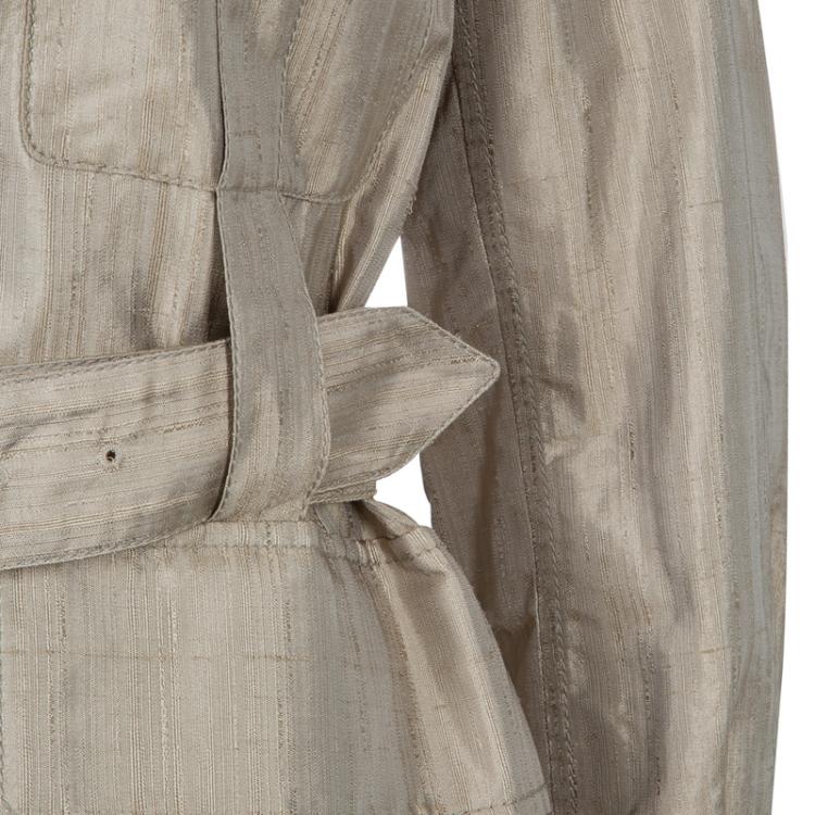 Pre Owned Hermes Beige Raw Silk Notched Collar Belted Jacket S