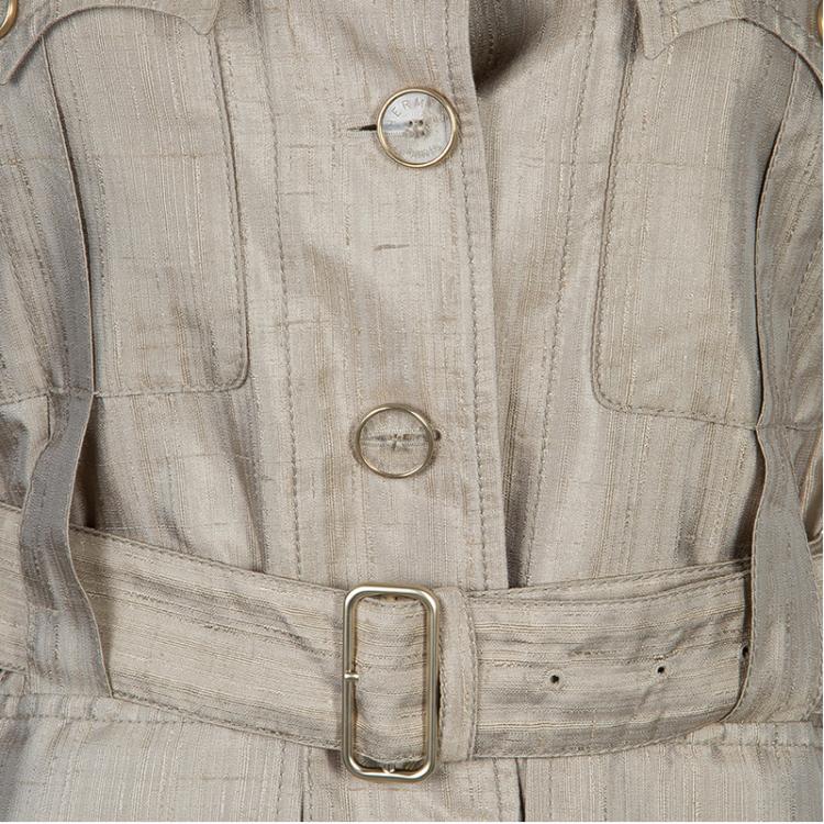 Pre Owned Hermes Beige Raw Silk Notched Collar Belted Jacket S