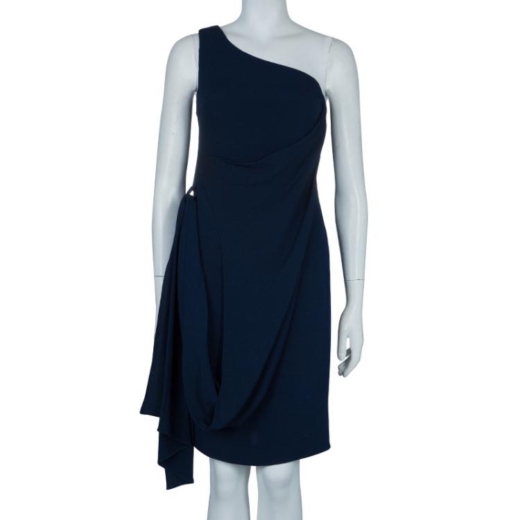 Pre Owned Hermes Blue Silk Knit One Shoulder Draped Dress S
