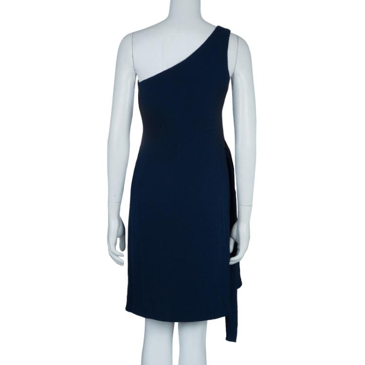 Pre Owned Hermes Blue Silk Knit One Shoulder Draped Dress S