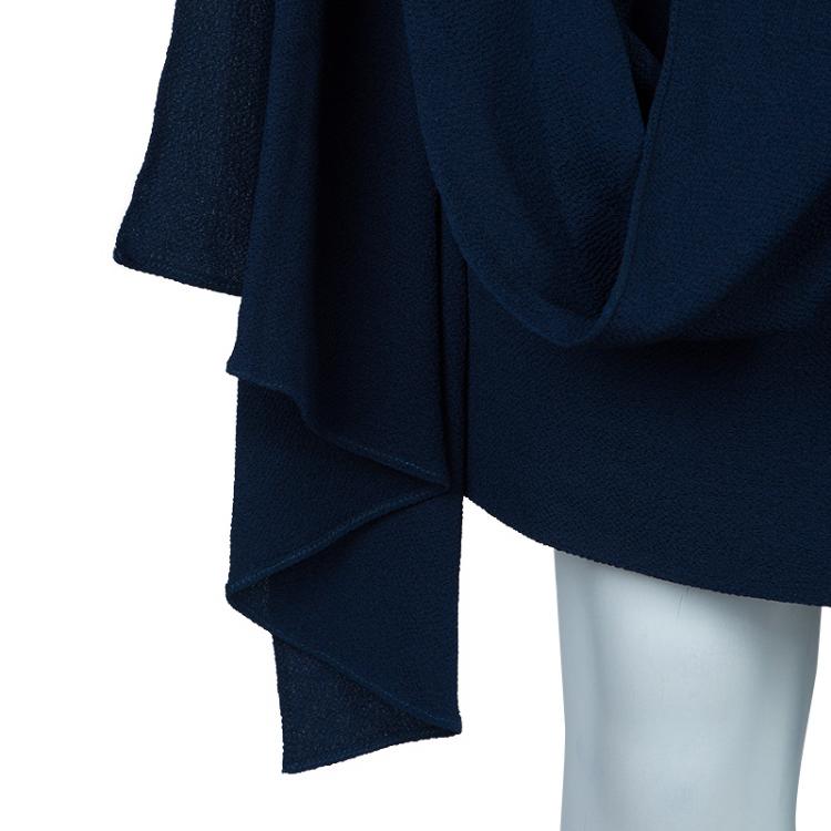 Pre Owned Hermes Blue Silk Knit One Shoulder Draped Dress S