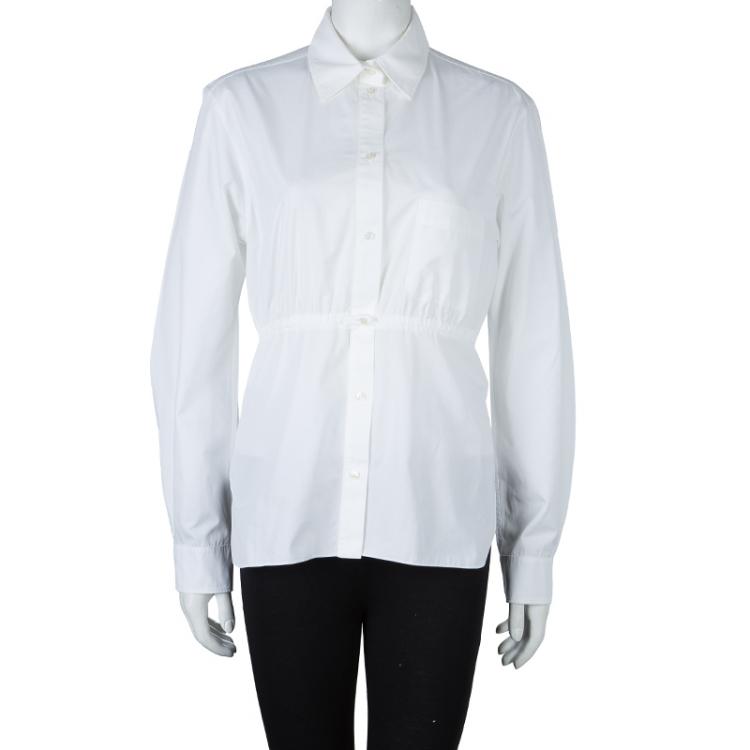 Pre Owned Hermes White Gathered Waist Long Sleeve Cotton Shirt L