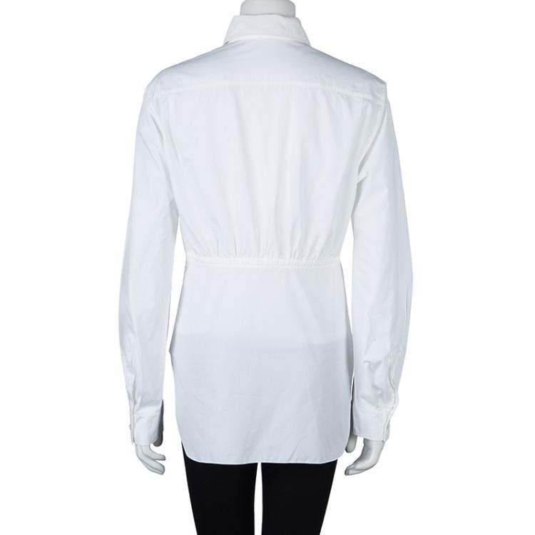 Pre Owned Hermes White Gathered Waist Long Sleeve Cotton Shirt L