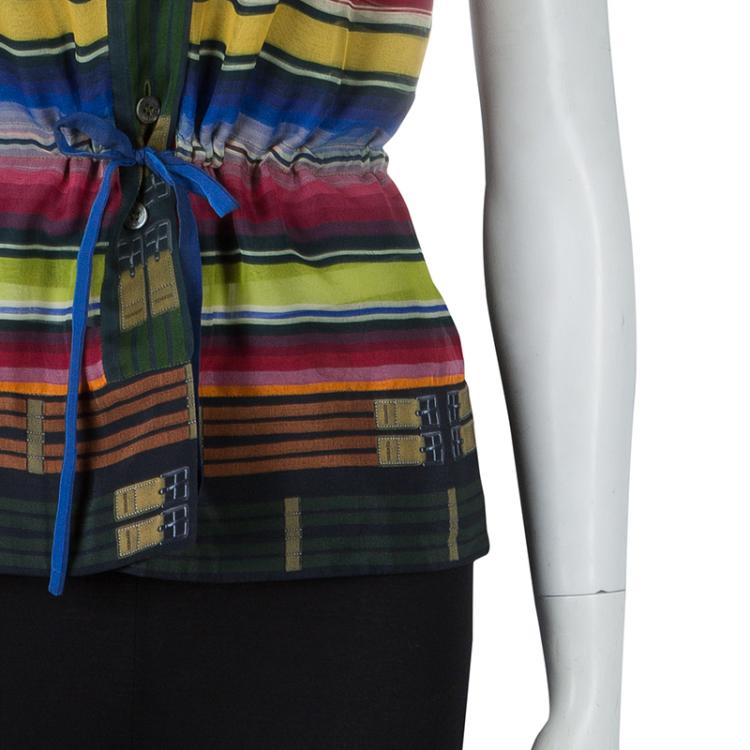 Pre Owned Hermes Multicolor Striped Sleeveless Silk Blouse S