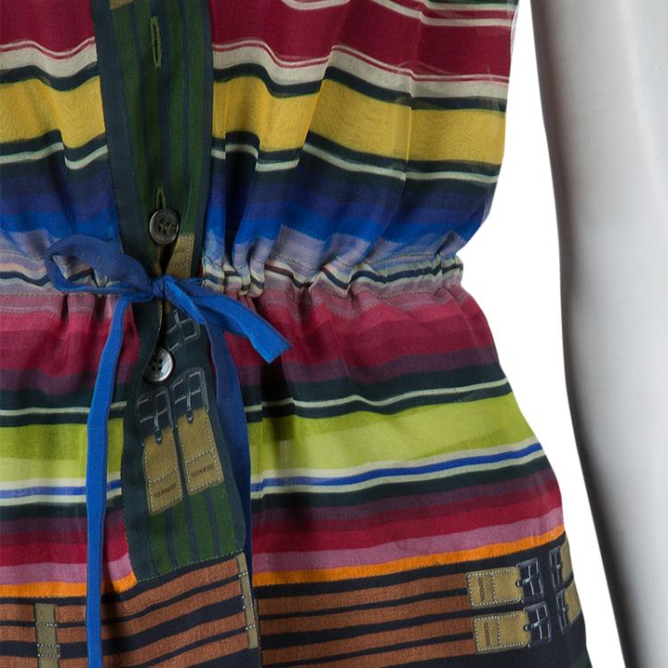 Pre Owned Hermes Multicolor Striped Sleeveless Silk Blouse S
