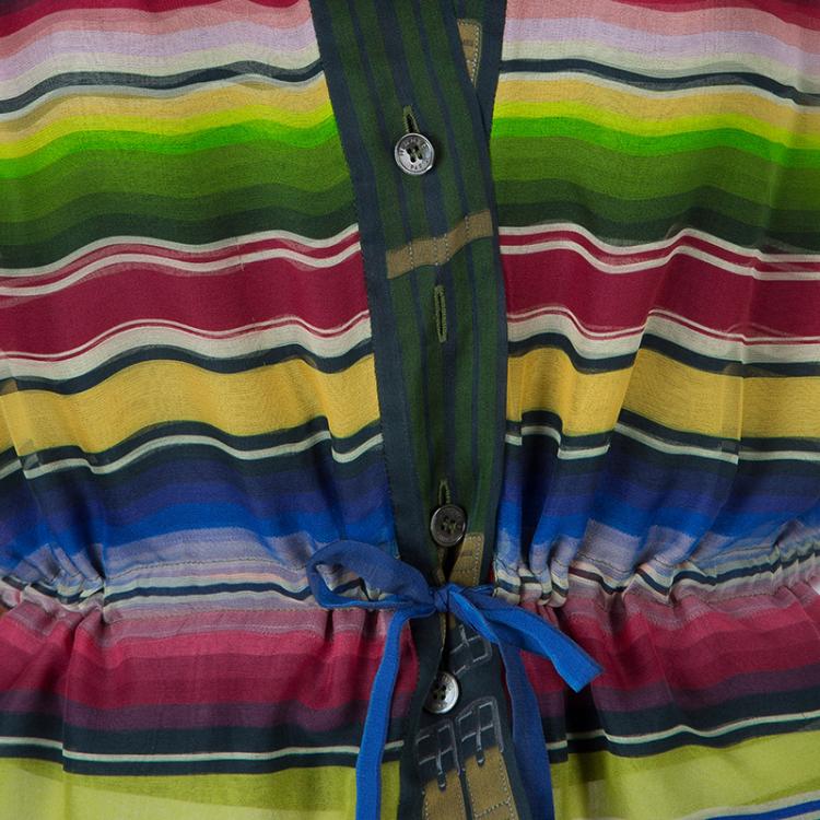Pre Owned Hermes Multicolor Striped Sleeveless Silk Blouse S