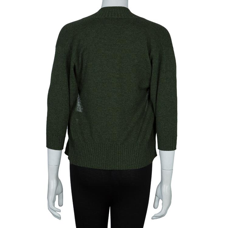 Pre Owned Hermes Olive Green Zip Front Cropped Cashmere Cardigan S