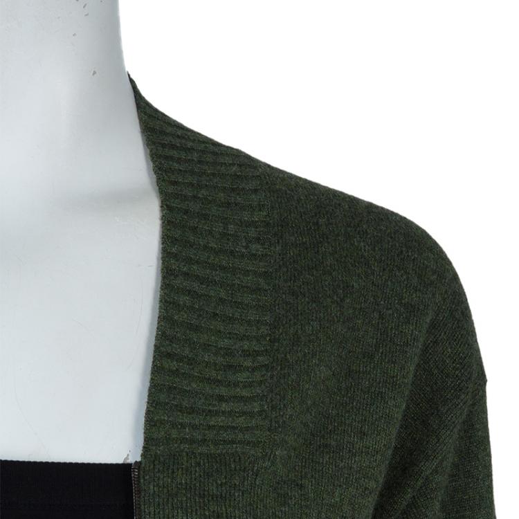 Pre Owned Hermes Olive Green Zip Front Cropped Cashmere Cardigan S