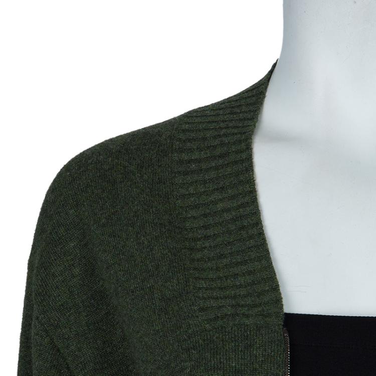 Pre Owned Hermes Olive Green Zip Front Cropped Cashmere Cardigan S