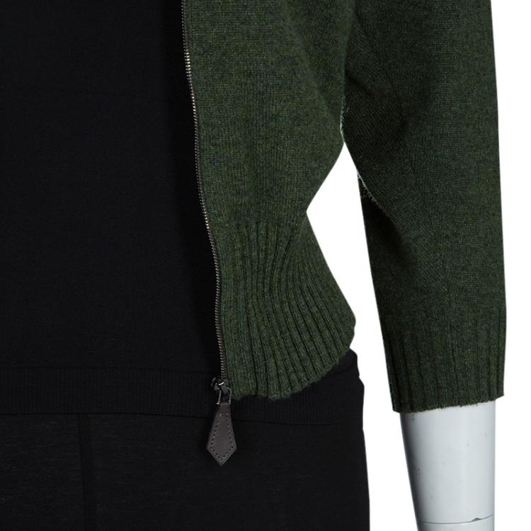 Pre Owned Hermes Olive Green Zip Front Cropped Cashmere Cardigan S
