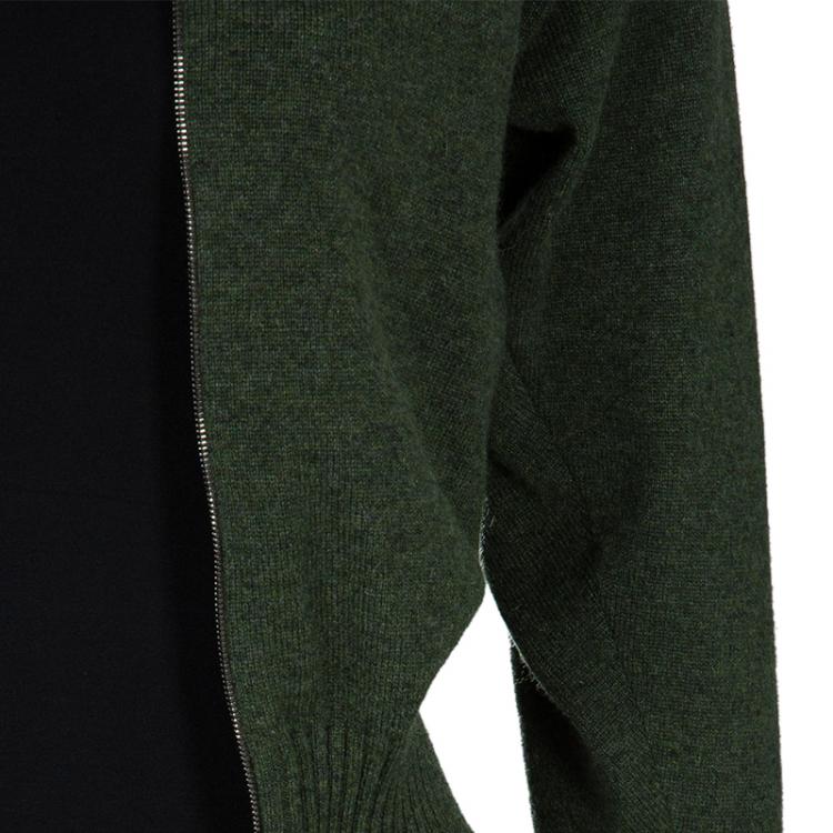 Pre Owned Hermes Olive Green Zip Front Cropped Cashmere Cardigan S