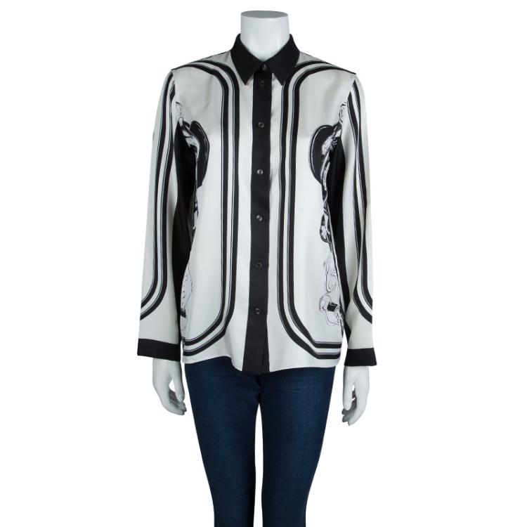Pre Owned Hermes Monochrome Printed Silk Long Sleeved Button Down Shirt M