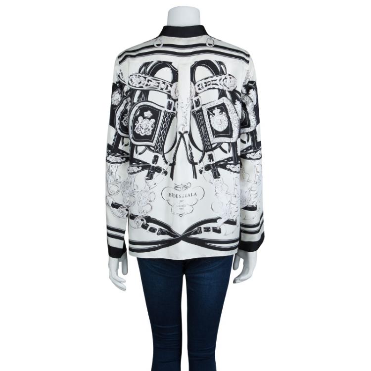 Pre Owned Hermes Monochrome Printed Silk Long Sleeved Button Down Shirt M