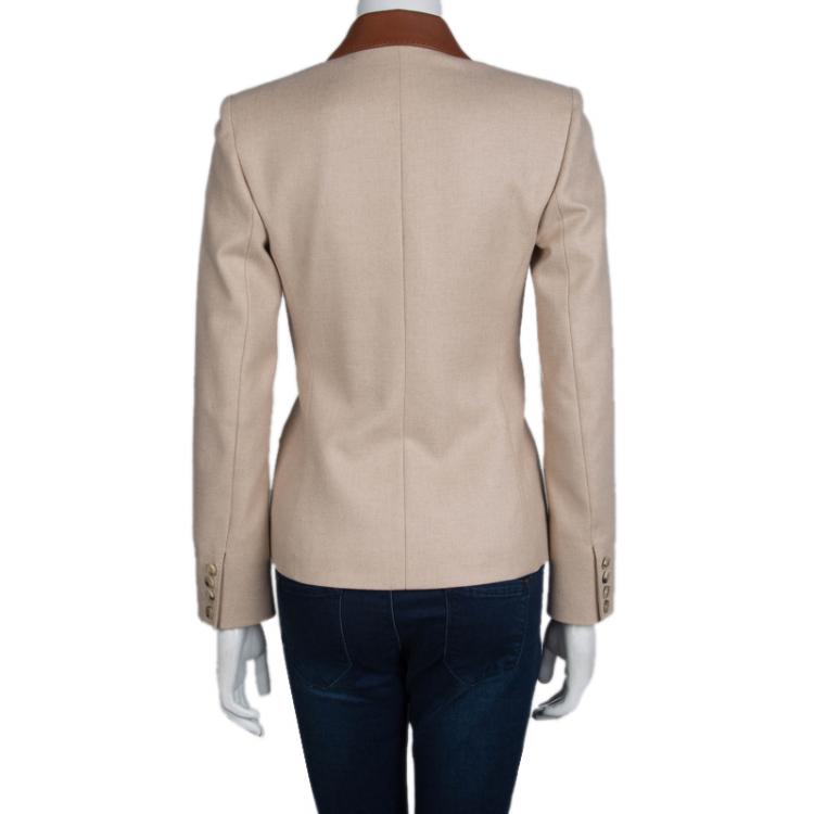 Pre Owned Hermes Beige Camel Hair Leather Trim Blazer S