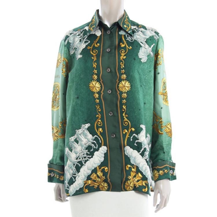 Pre Owned Hermes Green Horse Print Silk Shirt M