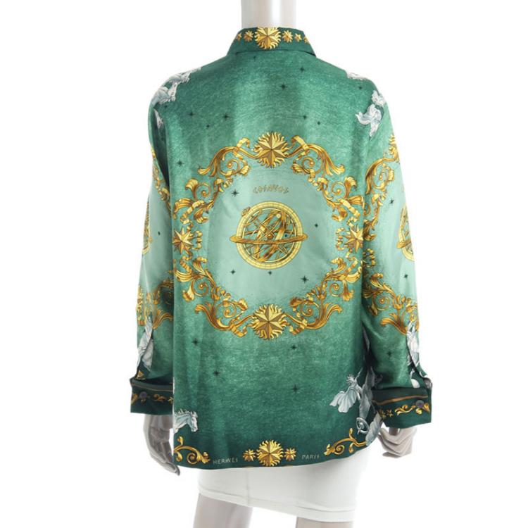 Pre Owned Hermes Green Horse Print Silk Shirt M