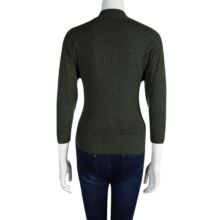 Pre Owned Hermes Olive Green Cashmere Zip Front Cardigan S