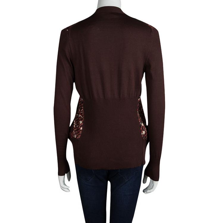 Pre Owned Hermes Brown Printed Silk Ribbed Trim Cardigan S