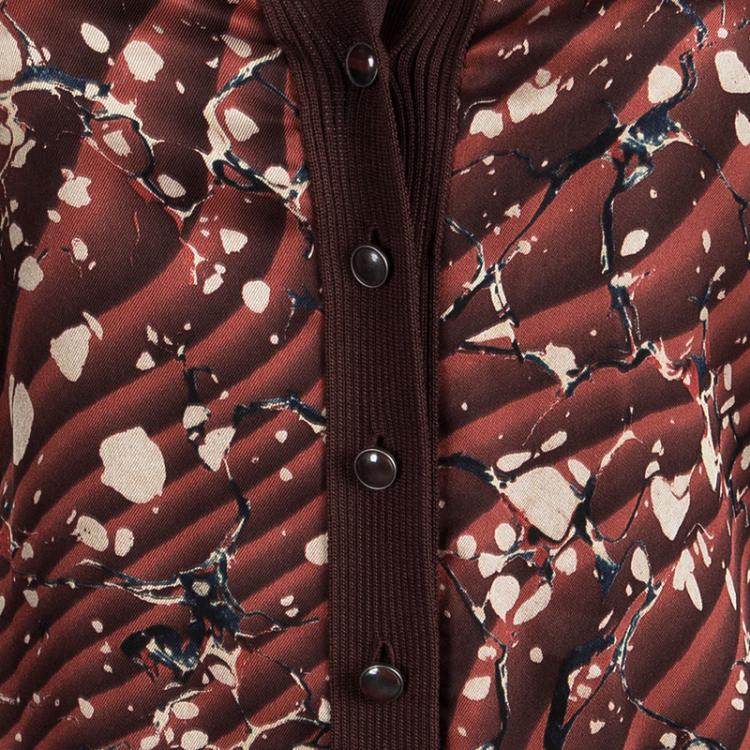 Pre Owned Hermes Brown Printed Silk Ribbed Trim Cardigan S