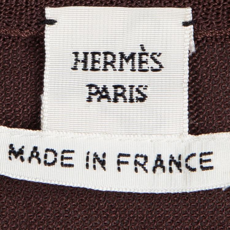 Pre Owned Hermes Brown Printed Silk Ribbed Trim Cardigan S