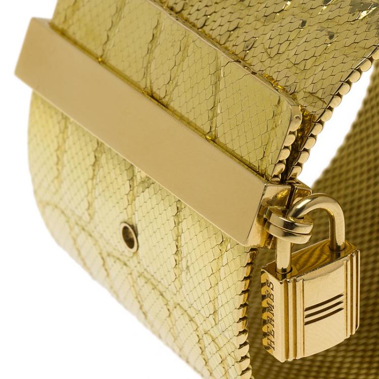 Pre Owned Hermes Croc Embossed Milanese Link and Padlock 18k Yellow Gold Wide Cuff Bracelet