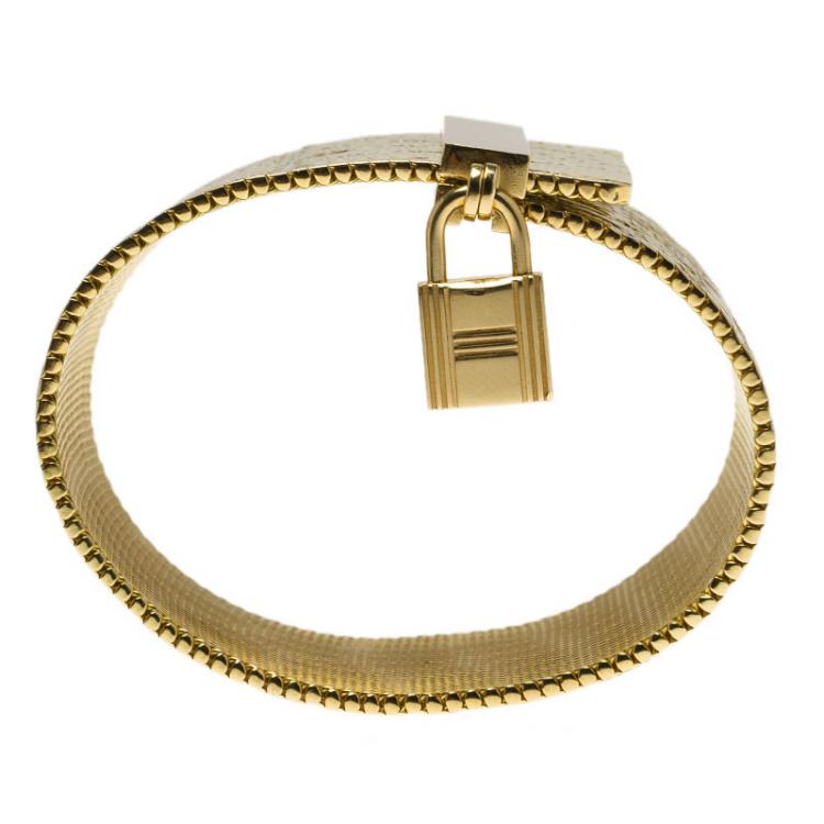 Pre Owned Hermes Croc Embossed Milanese Link and Padlock 18k Yellow Gold Wide Cuff Bracelet