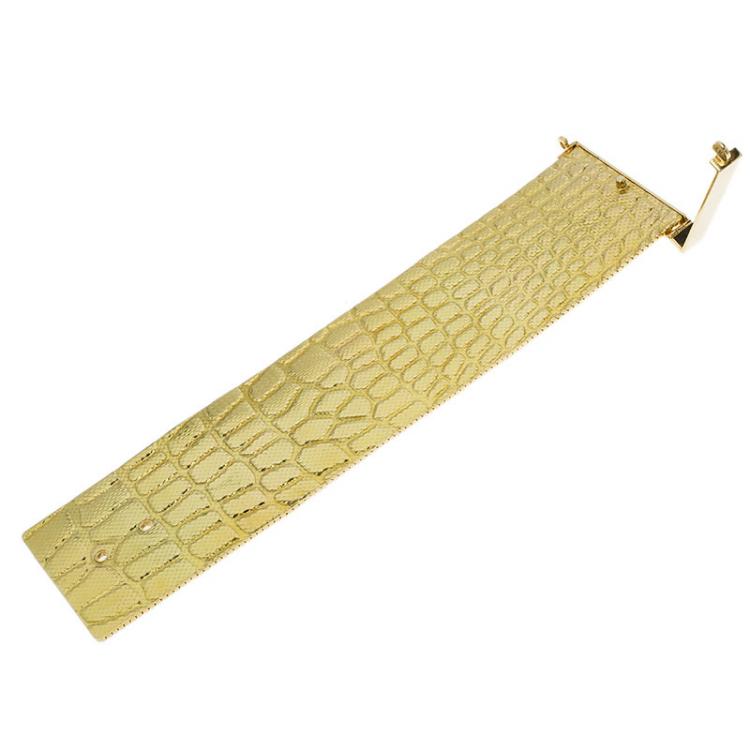 Pre Owned Hermes Croc Embossed Milanese Link and Padlock 18k Yellow Gold Wide Cuff Bracelet