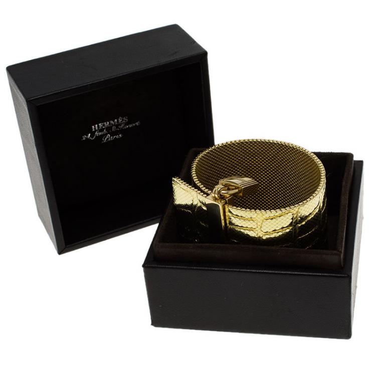 Pre Owned Hermes Croc Embossed Milanese Link and Padlock 18k Yellow Gold Wide Cuff Bracelet