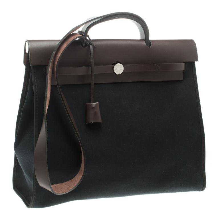 Pre Owned Hermes Dark Brown/Black Leather and Canvas Herbag Zip 39 Bag