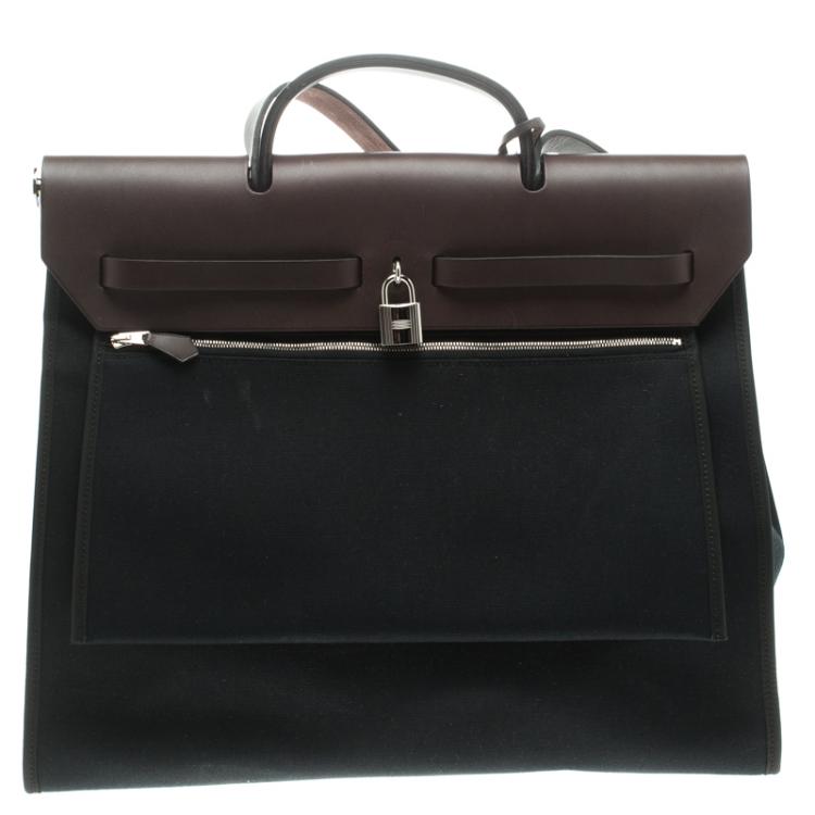 Pre Owned Hermes Dark Brown/Black Leather and Canvas Herbag Zip 39 Bag