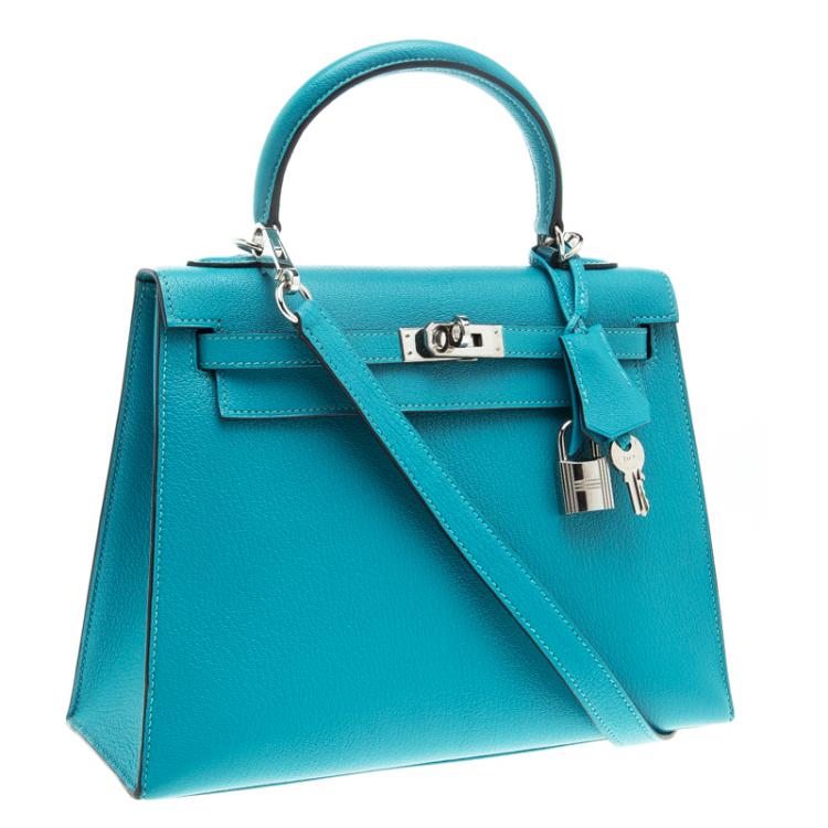 Pre Owned Hermes Blue Paon Chevre de Coromandel Leather Palladium Hardware Kelly Sellier 25  Bag