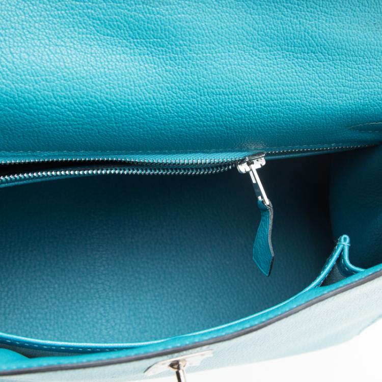 Pre Owned Hermes Blue Paon Chevre de Coromandel Leather Palladium Hardware Kelly Sellier 25  Bag