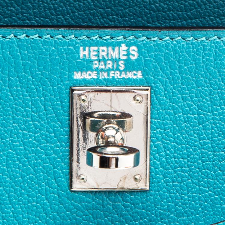 Pre Owned Hermes Blue Paon Chevre de Coromandel Leather Palladium Hardware Kelly Sellier 25  Bag