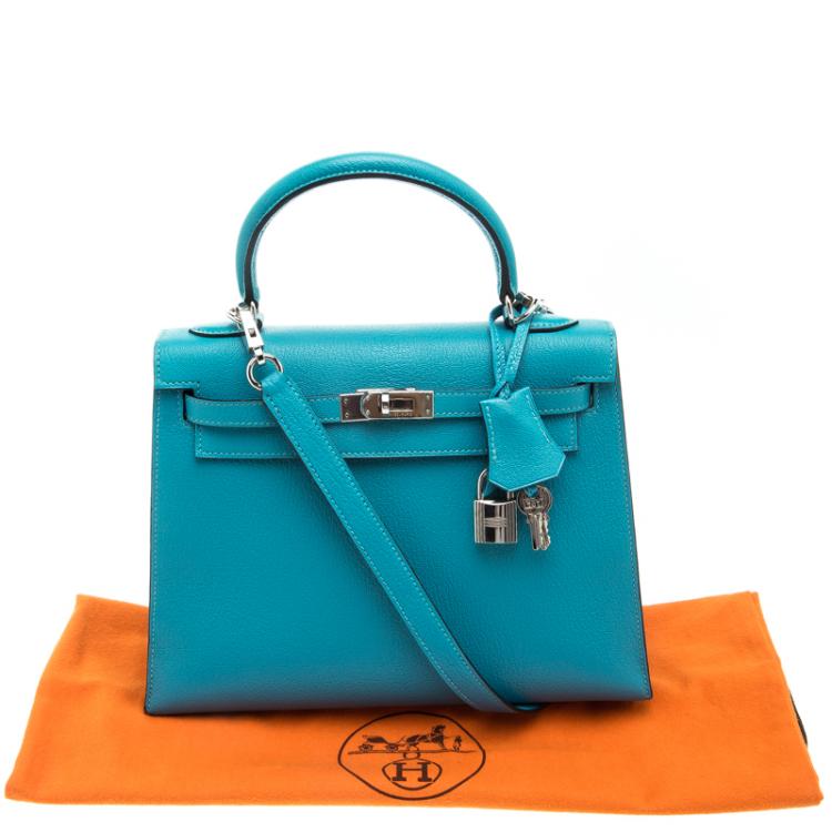 Pre Owned Hermes Blue Paon Chevre de Coromandel Leather Palladium Hardware Kelly Sellier 25  Bag