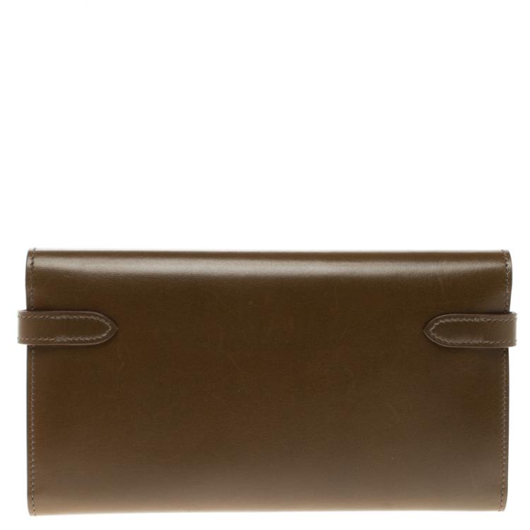 Pre Owned Hermes Olive Barenia Box Calf Leather Long Kelly Wallet 