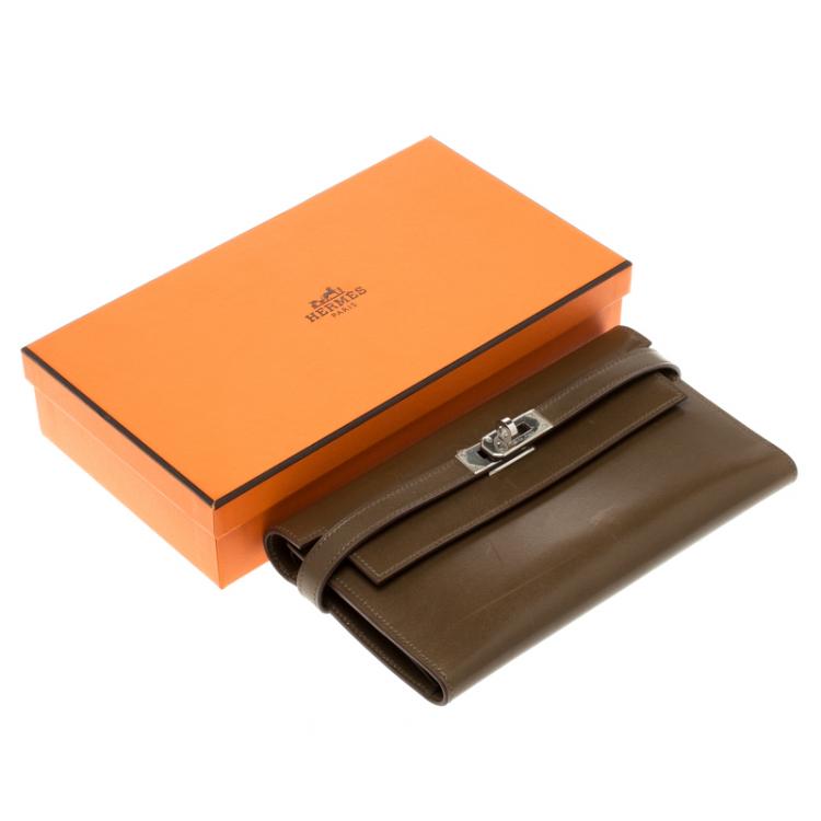 Pre Owned Hermes Olive Barenia Box Calf Leather Long Kelly Wallet 