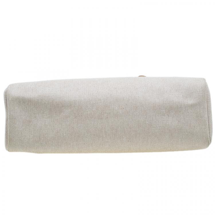 Pre Owned Hermes Tan Leather and Beige Toile Canvas Large Herbag