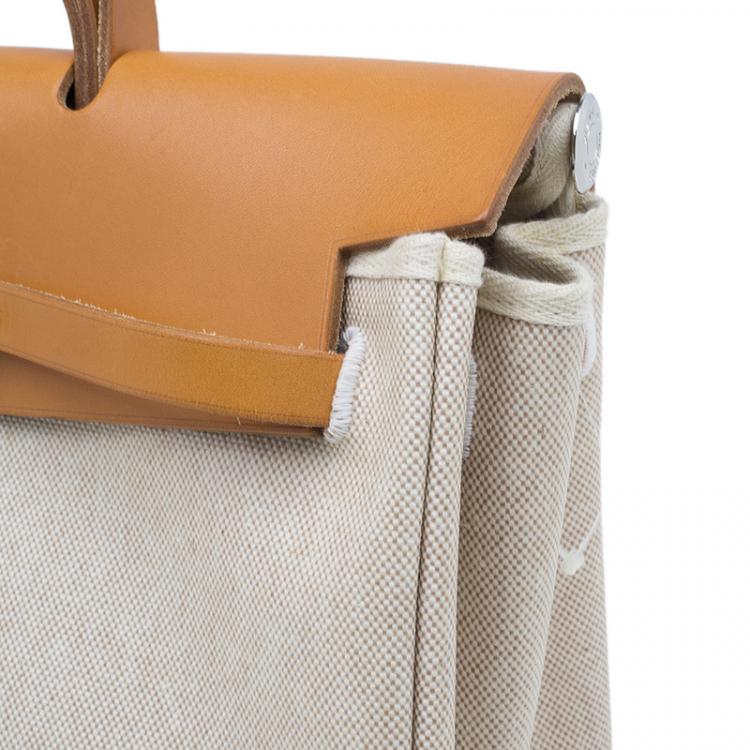 Pre Owned Hermes Tan Leather and Beige Toile Canvas Large Herbag