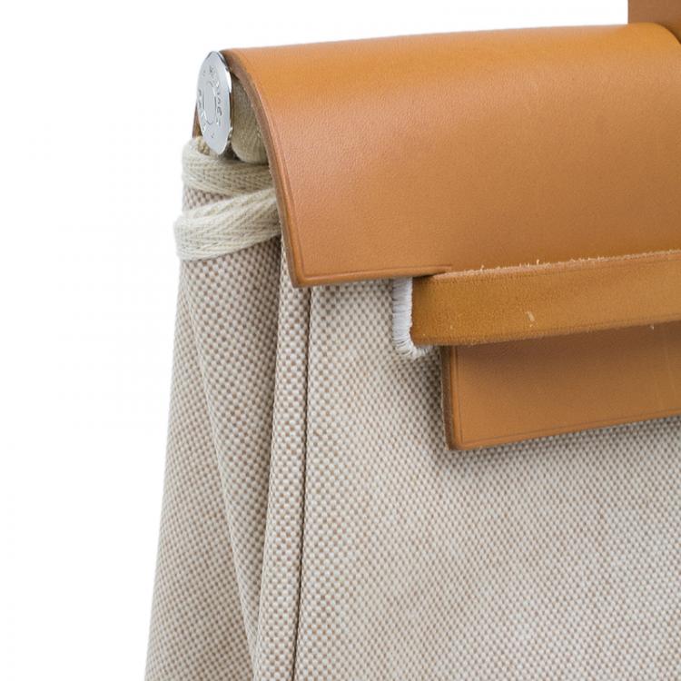 Pre Owned Hermes Tan Leather and Beige Toile Canvas Large Herbag