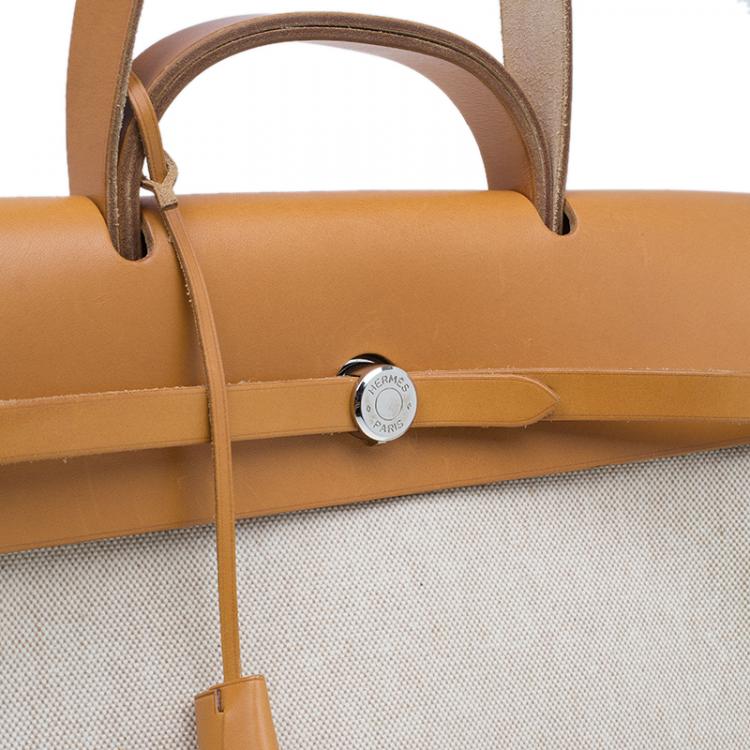 Pre Owned Hermes Tan Leather and Beige Toile Canvas Large Herbag
