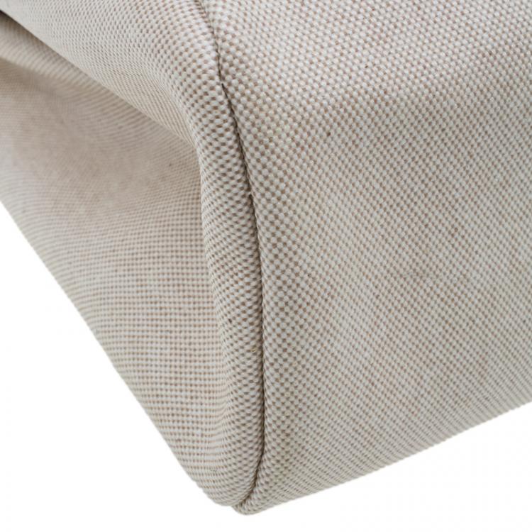 Pre Owned Hermes Tan Leather and Beige Toile Canvas Large Herbag