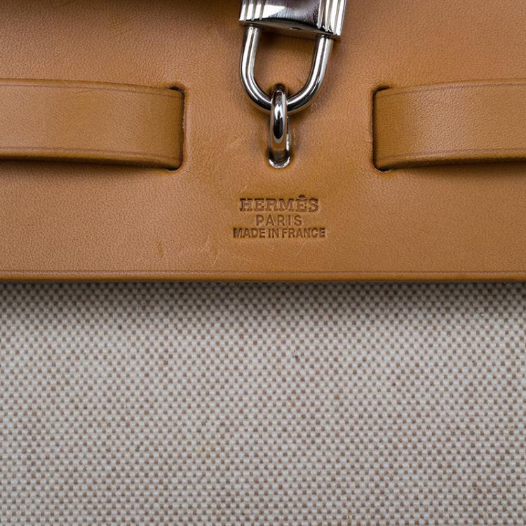 Pre Owned Hermes Tan Leather and Beige Toile Canvas Large Herbag