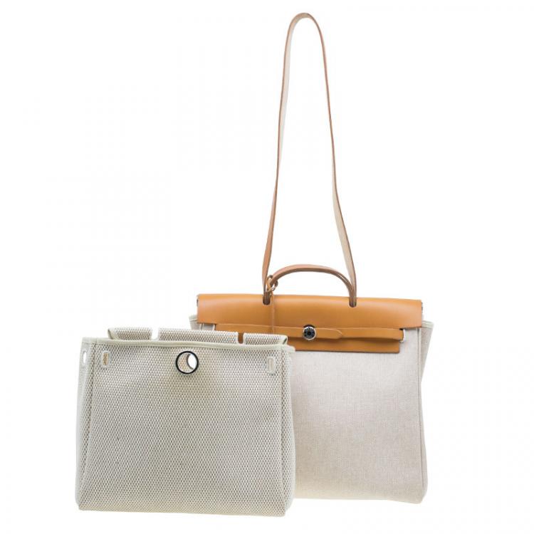 Pre Owned Hermes Tan Leather and Beige Toile Canvas Large Herbag