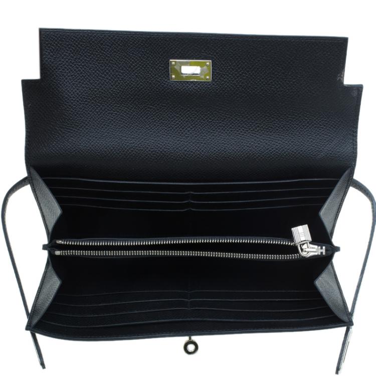 Pre Owned Hermes Black Grain d'H Leather Palladium Plated Kelly Wallet