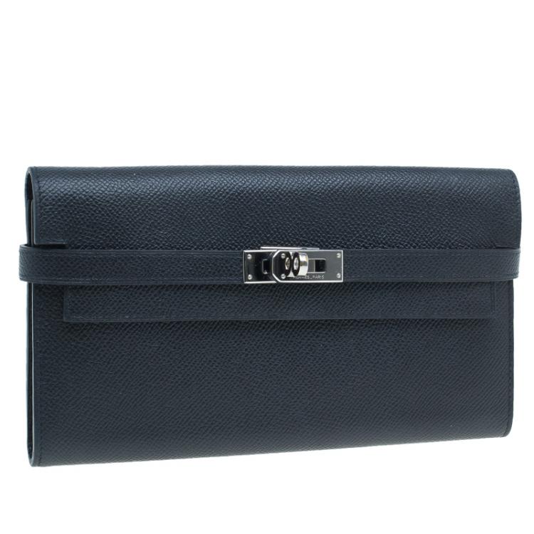 Pre Owned Hermes Black Grain d'H Leather Palladium Plated Kelly Wallet