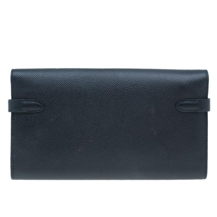 Pre Owned Hermes Black Grain d'H Leather Palladium Plated Kelly Wallet