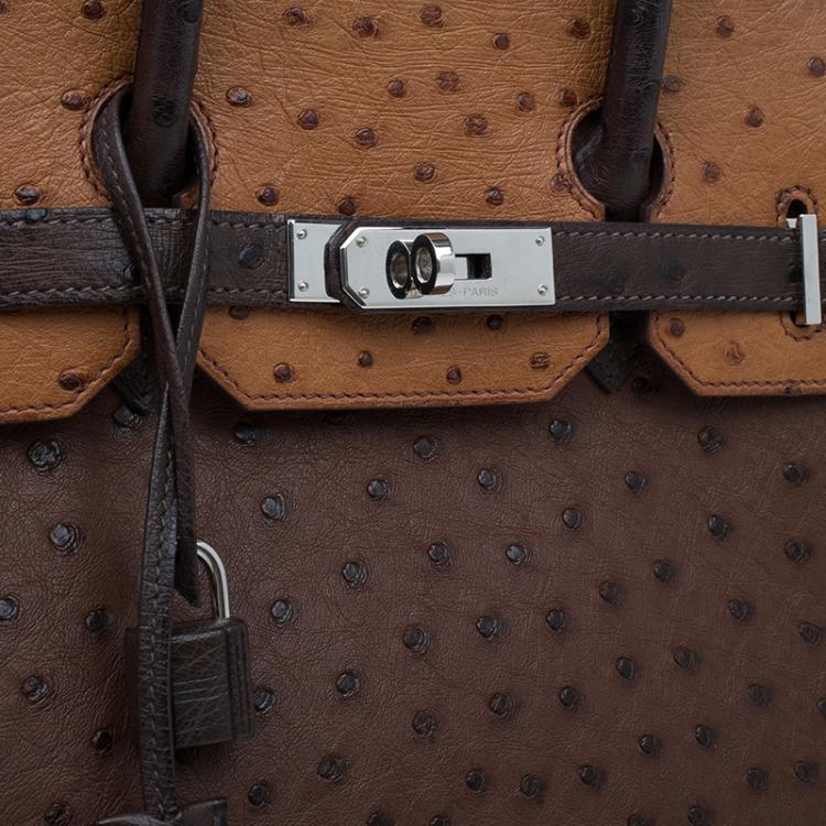 Pre Owned Hermes Brown Tri Color Ostrich Leather Palladium Birkin 35 Bag