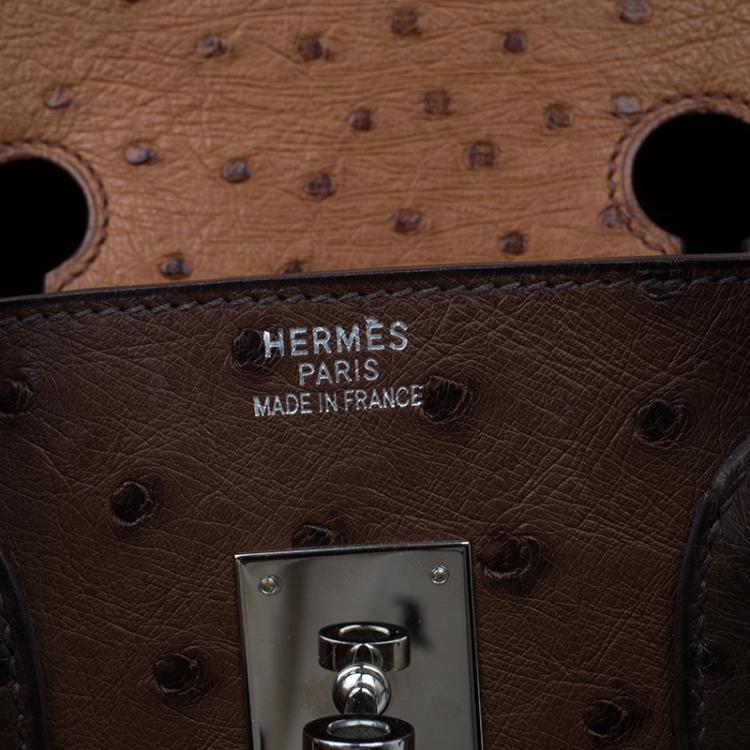 Pre Owned Hermes Brown Tri Color Ostrich Leather Palladium Birkin 35 Bag