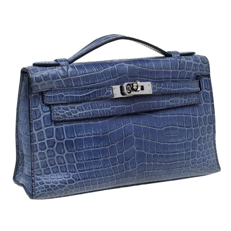 Pre Owned Hermes Blue Niloticus Crocodile Palladium Kelly Pochette