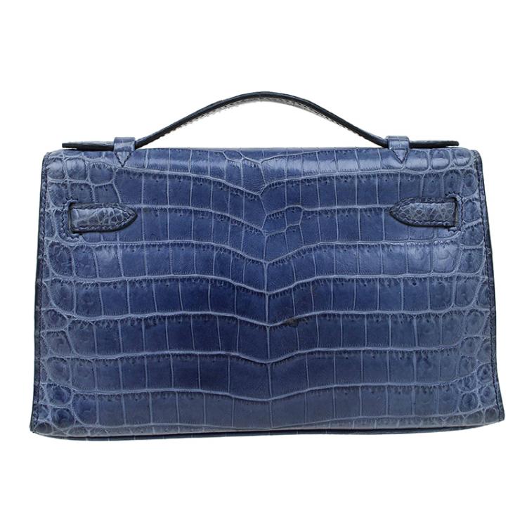Pre Owned Hermes Blue Niloticus Crocodile Palladium Kelly Pochette